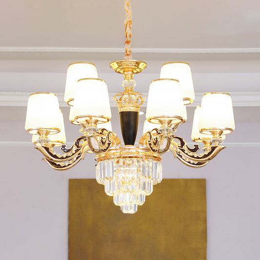 White Glass Tapered Ceiling Lighting Traditional Living Room Chandelier Light with Layered Crystal Decor Clearhalo 'Ceiling Lights' 'Chandeliers' Lighting' options 2198722