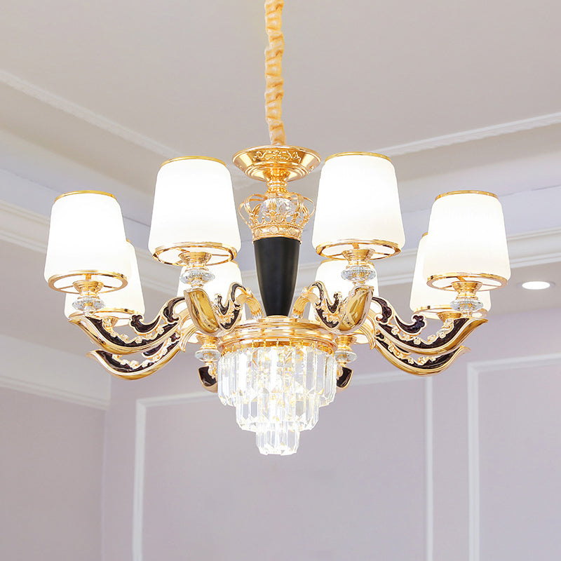 White Glass Tapered Ceiling Lighting Traditional Living Room Chandelier Light with Layered Crystal Decor Clearhalo 'Ceiling Lights' 'Chandeliers' Lighting' options 2198725