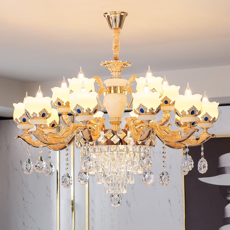 Cream Glass Gold Chandelier Pendant Light Floral Vintage Hanging Light with Hanging Crystal Clearhalo 'Ceiling Lights' 'Chandeliers' Lighting' options 2198727