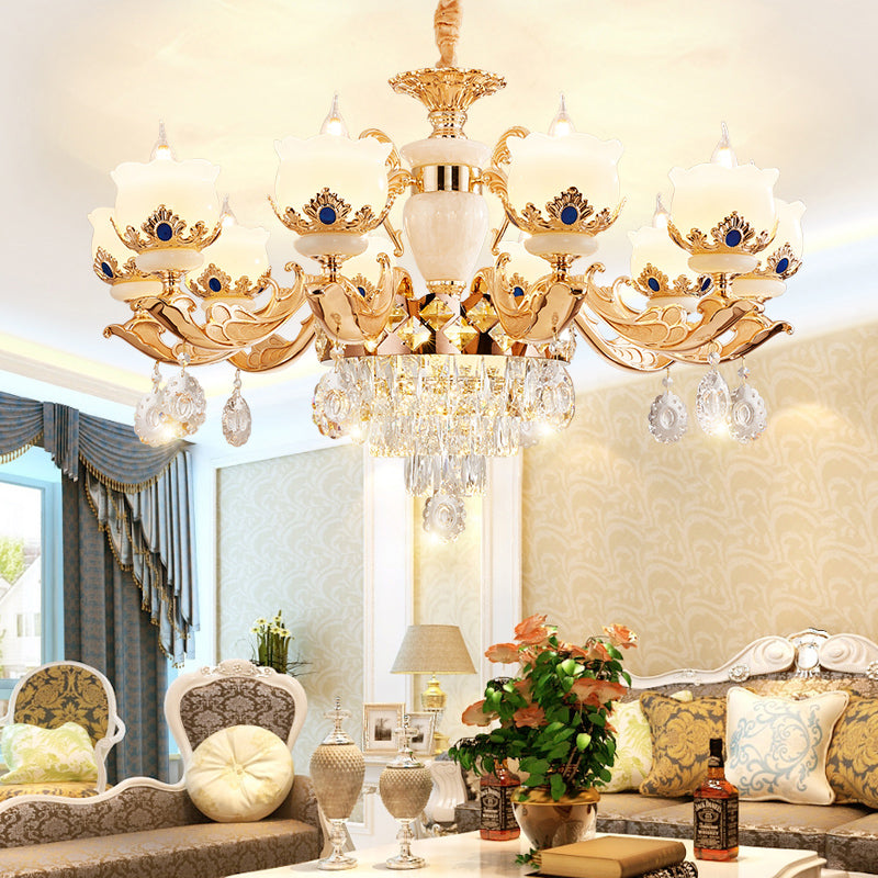 Cream Glass Gold Chandelier Pendant Light Floral Vintage Hanging Light with Hanging Crystal Clearhalo 'Ceiling Lights' 'Chandeliers' Lighting' options 2198729