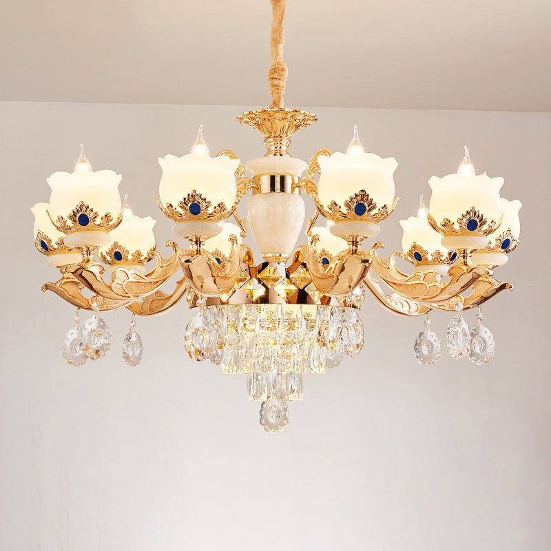 Cream Glass Gold Chandelier Pendant Light Floral Vintage Hanging Light with Hanging Crystal Clearhalo 'Ceiling Lights' 'Chandeliers' Lighting' options 2198730