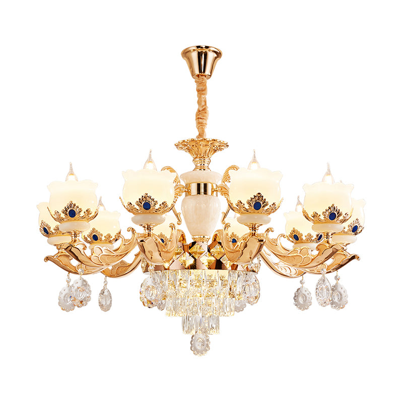 Cream Glass Gold Chandelier Pendant Light Floral Vintage Hanging Light with Hanging Crystal Clearhalo 'Ceiling Lights' 'Chandeliers' Lighting' options 2198731