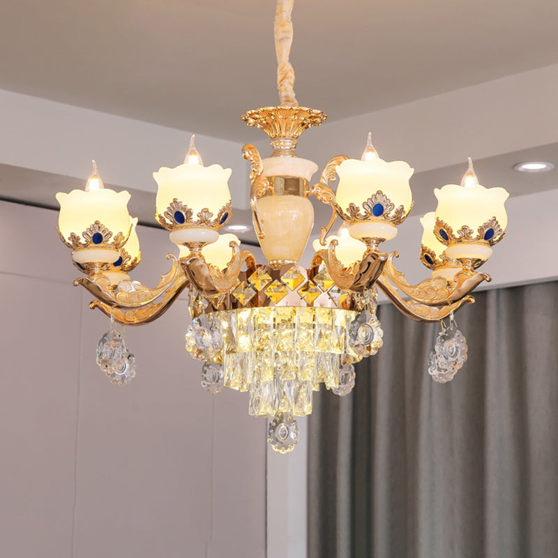 Cream Glass Gold Chandelier Pendant Light Floral Vintage Hanging Light with Hanging Crystal Clearhalo 'Ceiling Lights' 'Chandeliers' Lighting' options 2198732