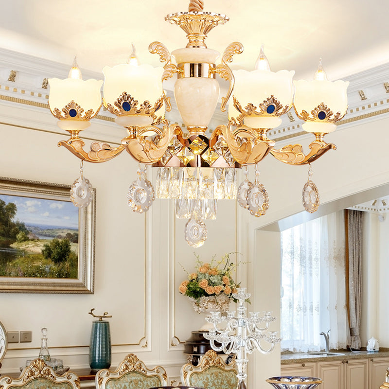 Cream Glass Gold Chandelier Pendant Light Floral Vintage Hanging Light with Hanging Crystal Clearhalo 'Ceiling Lights' 'Chandeliers' Lighting' options 2198733