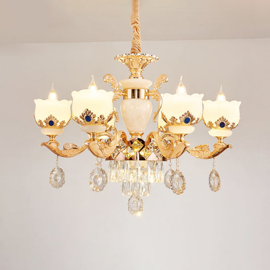 Cream Glass Gold Chandelier Pendant Light Floral Vintage Hanging Light with Hanging Crystal Clearhalo 'Ceiling Lights' 'Chandeliers' Lighting' options 2198734