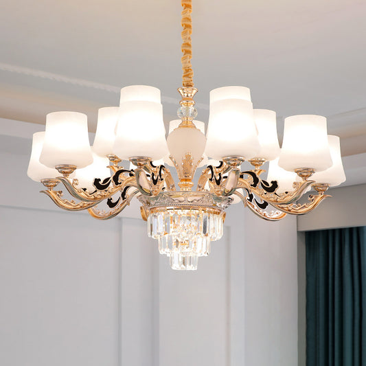 Retro Tapered Shade Chandelier Light White Glass Pendant Light Fixture for Living Room 15 White Crystal Clearhalo 'Ceiling Lights' 'Chandeliers' 'Glass shade' 'Glass' Lighting' 2198736