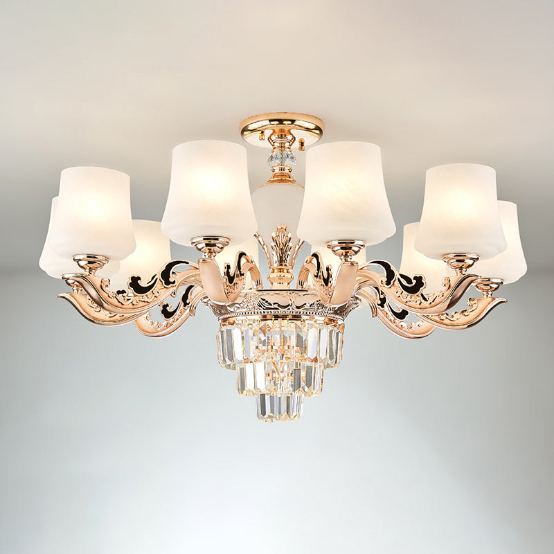 Retro Tapered Shade Chandelier Light White Glass Pendant Light Fixture for Living Room 10 White Crystal Clearhalo 'Ceiling Lights' 'Chandeliers' 'Glass shade' 'Glass' Lighting' 2198743