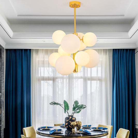 10/13 Bulbs Global Chandelier Lamp Modernism Milk Glass Hanging Light Kit in Gold 10 Gold Clearhalo 'Ceiling Lights' 'Chandeliers' 'Modern Chandeliers' 'Modern' Lighting' 219898