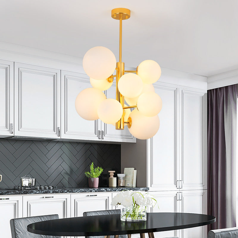 10/13 Bulbs Global Chandelier Lamp Modernism Milk Glass Hanging Light Kit in Gold Clearhalo 'Ceiling Lights' 'Chandeliers' 'Modern Chandeliers' 'Modern' Lighting' 219899