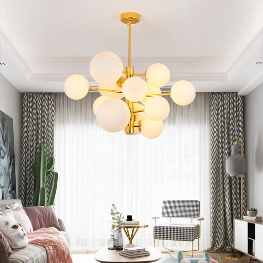10/13 Bulbs Global Chandelier Lamp Modernism Milk Glass Hanging Light Kit in Gold 13 Gold Clearhalo 'Ceiling Lights' 'Chandeliers' 'Modern Chandeliers' 'Modern' Lighting' 219902