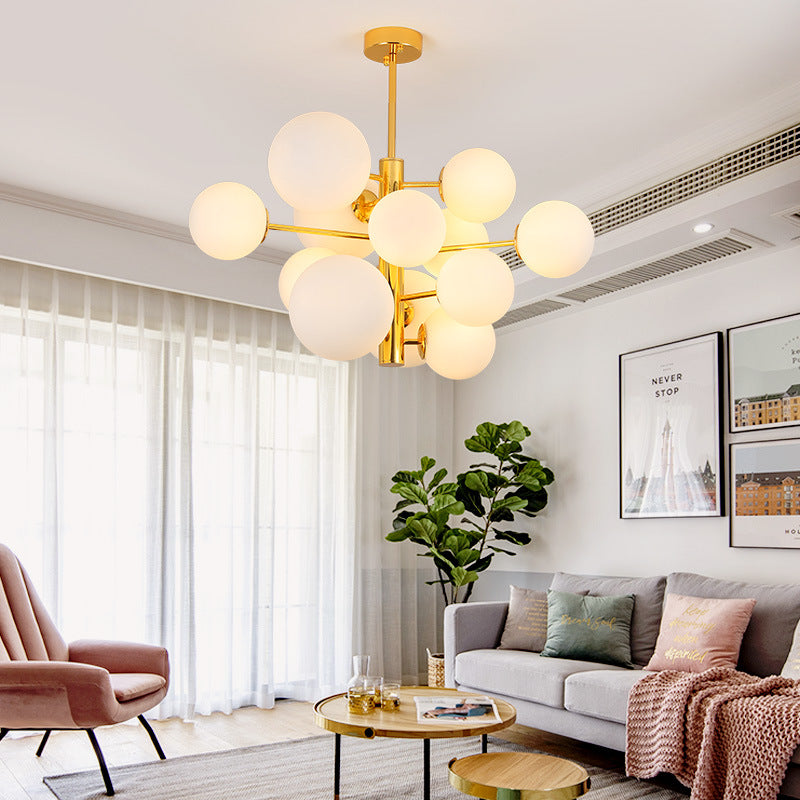 10/13 Bulbs Global Chandelier Lamp Modernism Milk Glass Hanging Light Kit in Gold Clearhalo 'Ceiling Lights' 'Chandeliers' 'Modern Chandeliers' 'Modern' Lighting' 219903