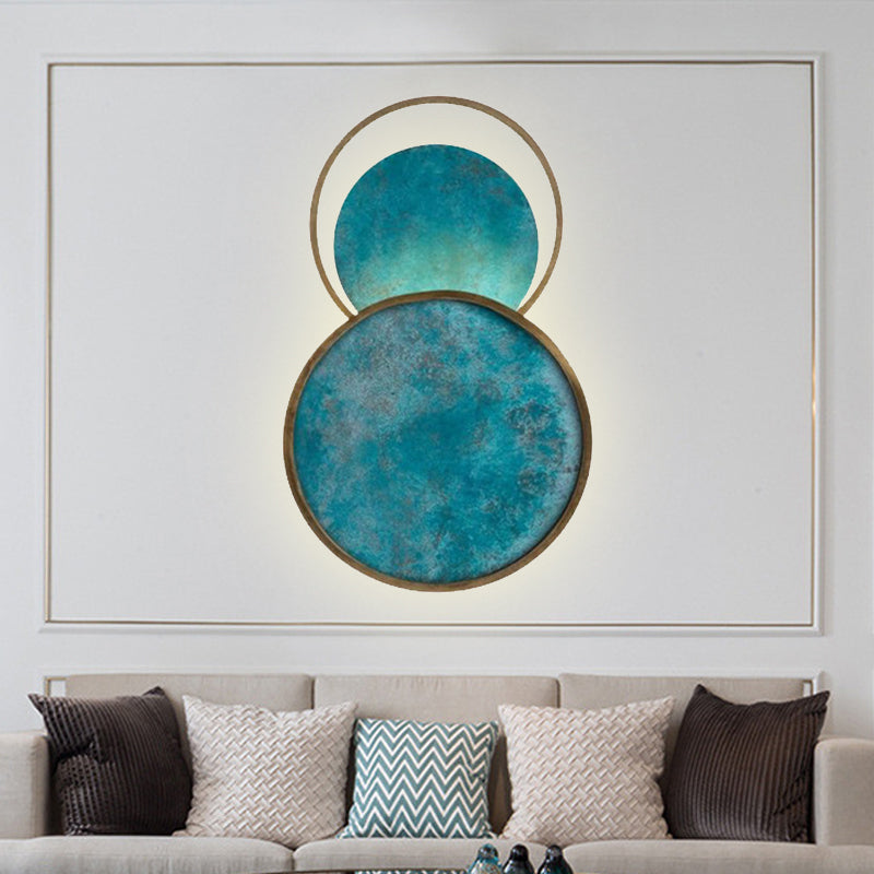 Decorative Blue Glass Sconce Light 16.5" Height Round LED Sconce Lighting in Warm/White Light Blue Clearhalo 'Cast Iron' 'Glass' 'Industrial' 'Modern wall lights' 'Modern' 'Tiffany' 'Traditional wall lights' 'Wall Lamps & Sconces' 'Wall Lights' Lighting' 220138