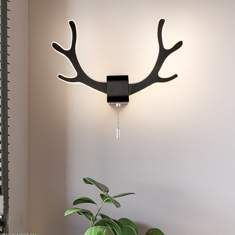 Acrylic Antlers Wall Lighting Fixture Modern Black/White LED Sconce Lamp with Pull Chain, Warm/White Light Black Clearhalo 'Cast Iron' 'Glass' 'Industrial' 'Modern wall lights' 'Modern' 'Tiffany' 'Traditional wall lights' 'Wall Lamps & Sconces' 'Wall Lights' Lighting' 220242
