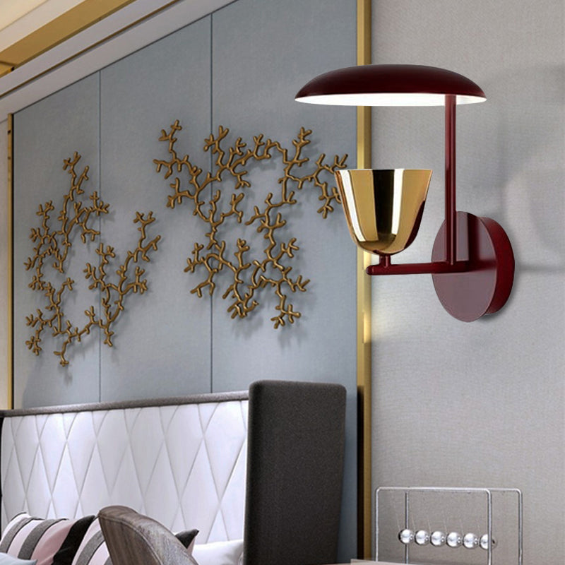 1 Light Bedroom Sconce Light Fixture Contemporary Wall Mounted Lamp in Black with Disc Metallic Shade and Brass Bowl Black Clearhalo 'Cast Iron' 'Glass' 'Industrial' 'Modern wall lights' 'Modern' 'Tiffany' 'Traditional wall lights' 'Wall Lamps & Sconces' 'Wall Lights' Lighting' 220278