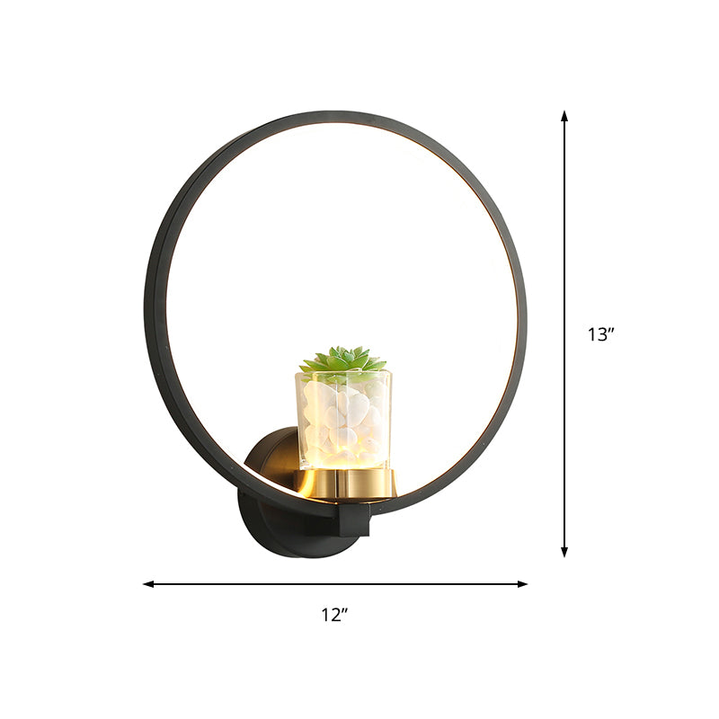 Black Acrylic Wall Mount Ring Light Contemporary LED Warm-Light Sconce Light Fixture with Potted Plant Clearhalo 'Modern wall lights' 'Modern' 'Wall Lamps & Sconces' 'Wall Lights' Lighting' 220282