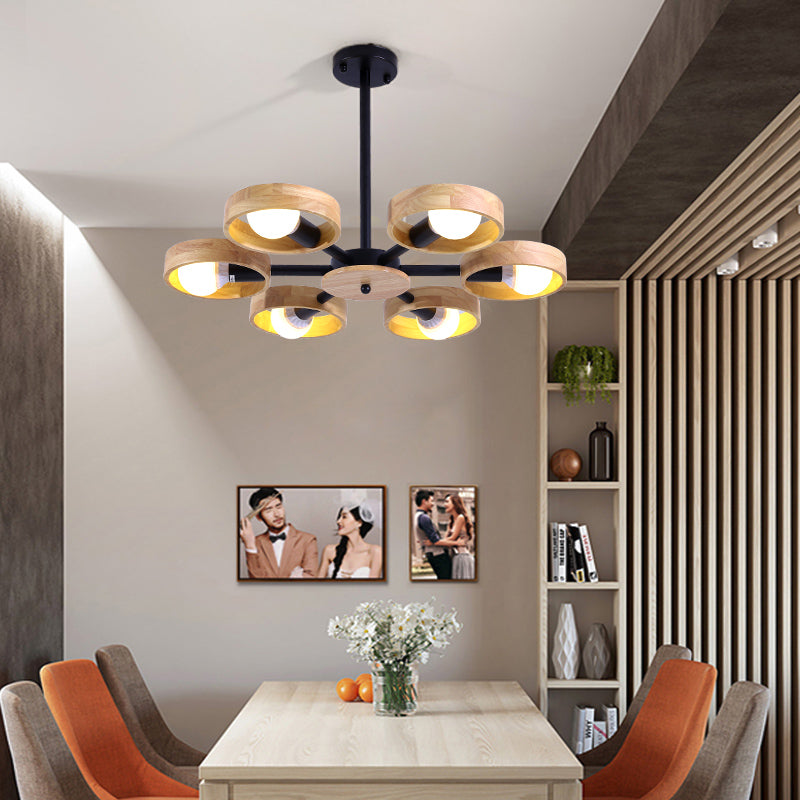 3/6/8 Heads Round Chandelier Light Contemporary Wood Hanging Ceiling Light in Black/White for Living Room Clearhalo 'Ceiling Lights' 'Chandeliers' Lighting' options 220336