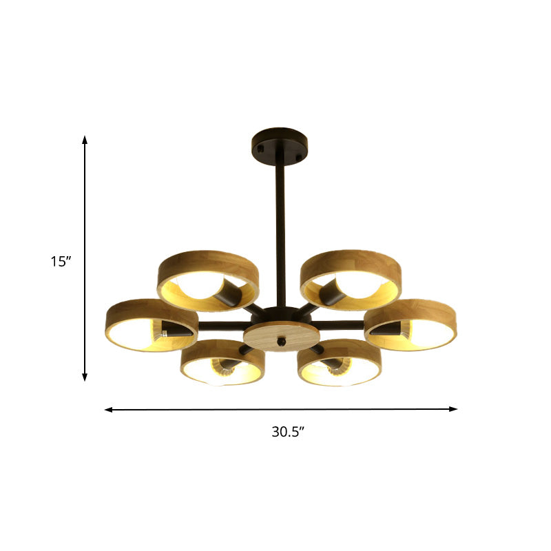 3/6/8 Heads Round Chandelier Light Contemporary Wood Hanging Ceiling Light in Black/White for Living Room Clearhalo 'Ceiling Lights' 'Chandeliers' Lighting' options 220339