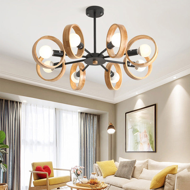 3/6/8 Heads Round Chandelier Light Contemporary Wood Hanging Ceiling Light in Black/White for Living Room Clearhalo 'Ceiling Lights' 'Chandeliers' Lighting' options 220341