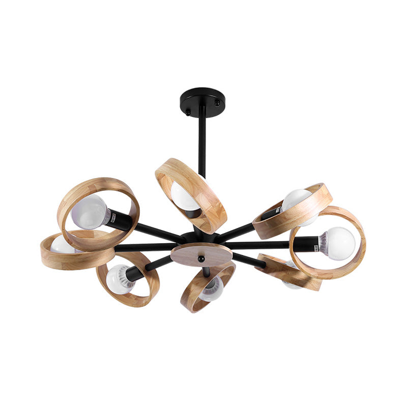 3/6/8 Heads Round Chandelier Light Contemporary Wood Hanging Ceiling Light in Black/White for Living Room Clearhalo 'Ceiling Lights' 'Chandeliers' Lighting' options 220342