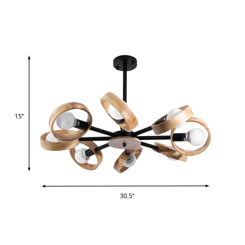 3/6/8 Heads Round Chandelier Light Contemporary Wood Hanging Ceiling Light in Black/White for Living Room Clearhalo 'Ceiling Lights' 'Chandeliers' Lighting' options 220343