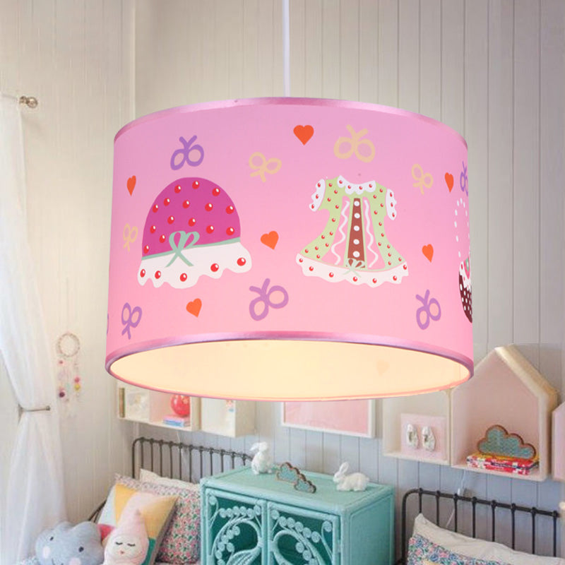 1 Light Bedroom Pendant Light Fixture Cartoon Stylish Pink Hanging Lamp with Drum Fabric Shade Clearhalo 'Ceiling Lights' 'Pendant Lights' 'Pendants' Lighting' 220396