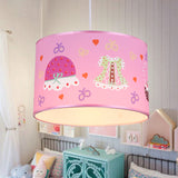 1 Light Bedroom Pendant Light Fixture Cartoon Stylish Pink Hanging Lamp with Drum Fabric Shade Clearhalo 'Ceiling Lights' 'Pendant Lights' 'Pendants' Lighting' 220396