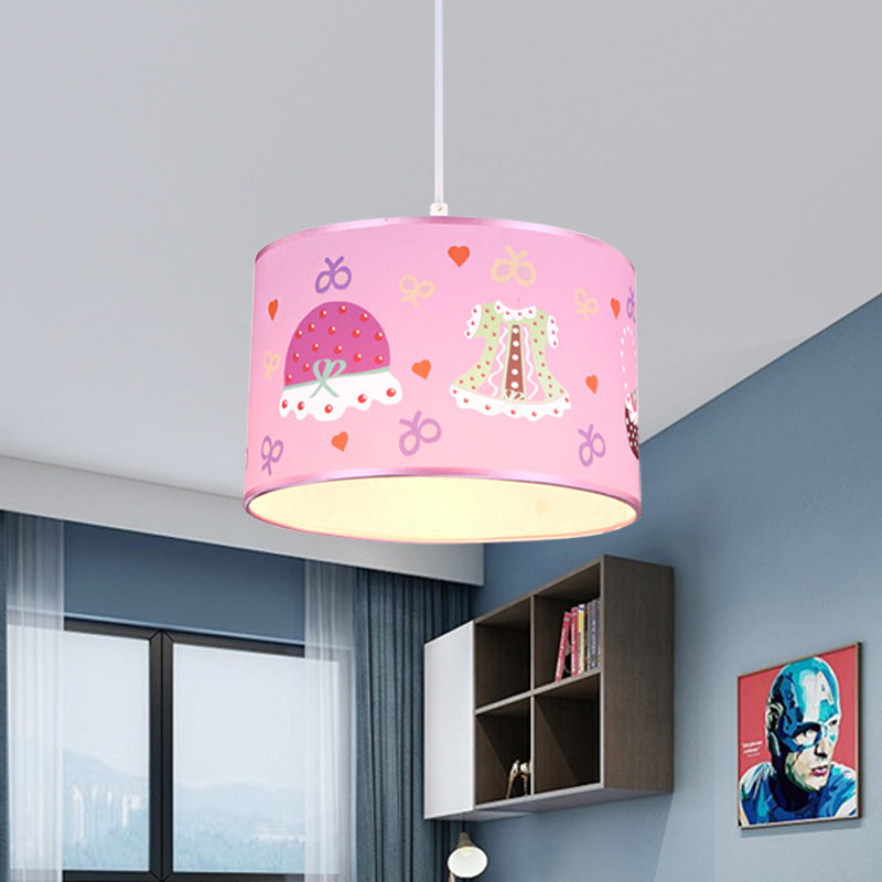 1 Light Bedroom Pendant Light Fixture Cartoon Stylish Pink Hanging Lamp with Drum Fabric Shade Clearhalo 'Ceiling Lights' 'Pendant Lights' 'Pendants' Lighting' 220397