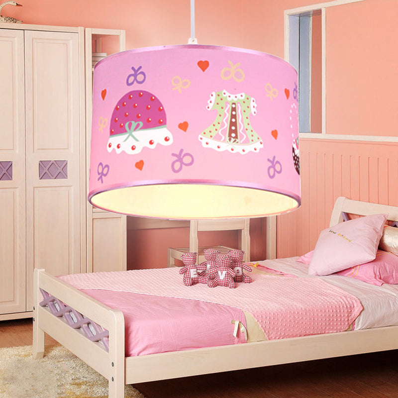 1 Light Bedroom Pendant Light Fixture Cartoon Stylish Pink Hanging Lamp with Drum Fabric Shade Clearhalo 'Ceiling Lights' 'Pendant Lights' 'Pendants' Lighting' 220398