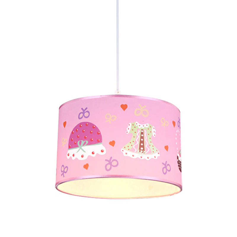 1 Light Bedroom Pendant Light Fixture Cartoon Stylish Pink Hanging Lamp with Drum Fabric Shade Clearhalo 'Ceiling Lights' 'Pendant Lights' 'Pendants' Lighting' 220399