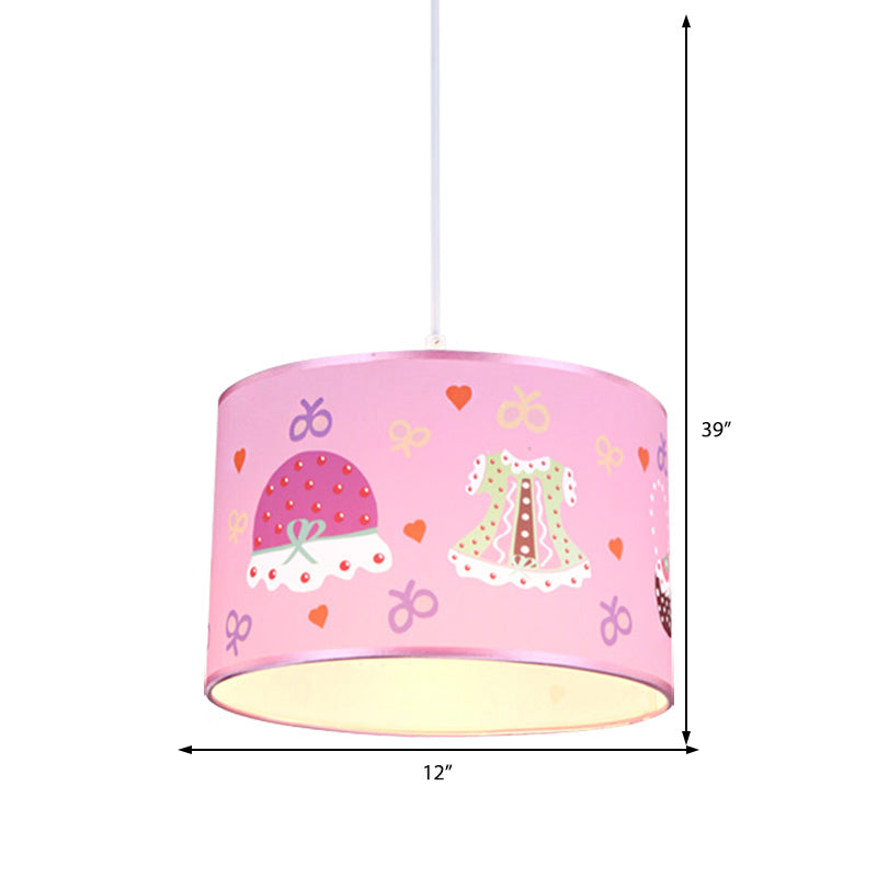 1 Light Bedroom Pendant Light Fixture Cartoon Stylish Pink Hanging Lamp with Drum Fabric Shade Clearhalo 'Ceiling Lights' 'Pendant Lights' 'Pendants' Lighting' 220400