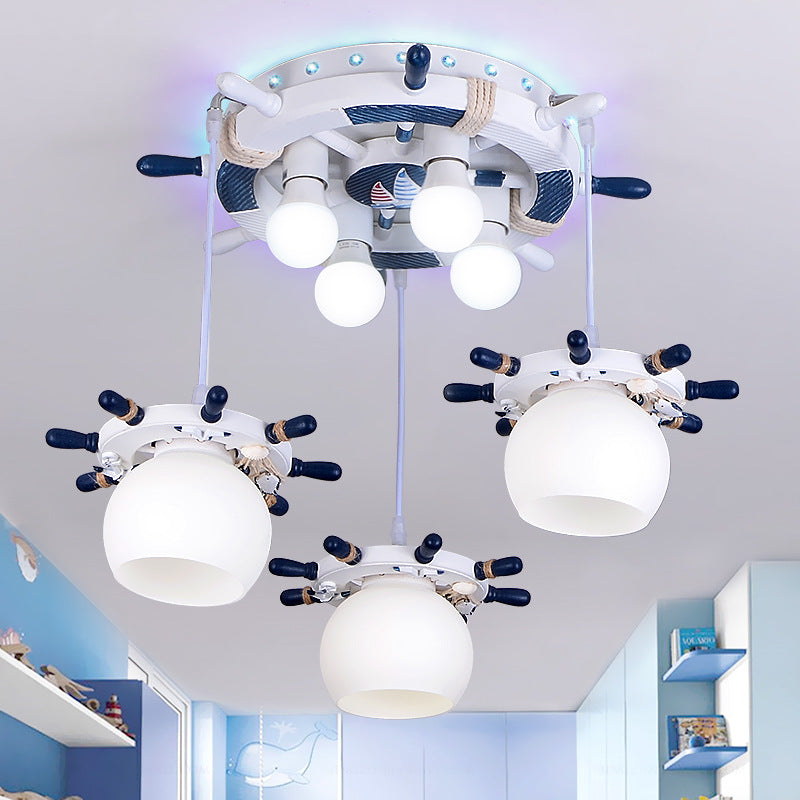 Cartoon Style 7 Lights Cluster Pendant Light with/without Glass Shade White Rudder Design Hanging Lamp Clearhalo 'Ceiling Lights' 'Pendant Lights' 'Pendants' Lighting' 220424