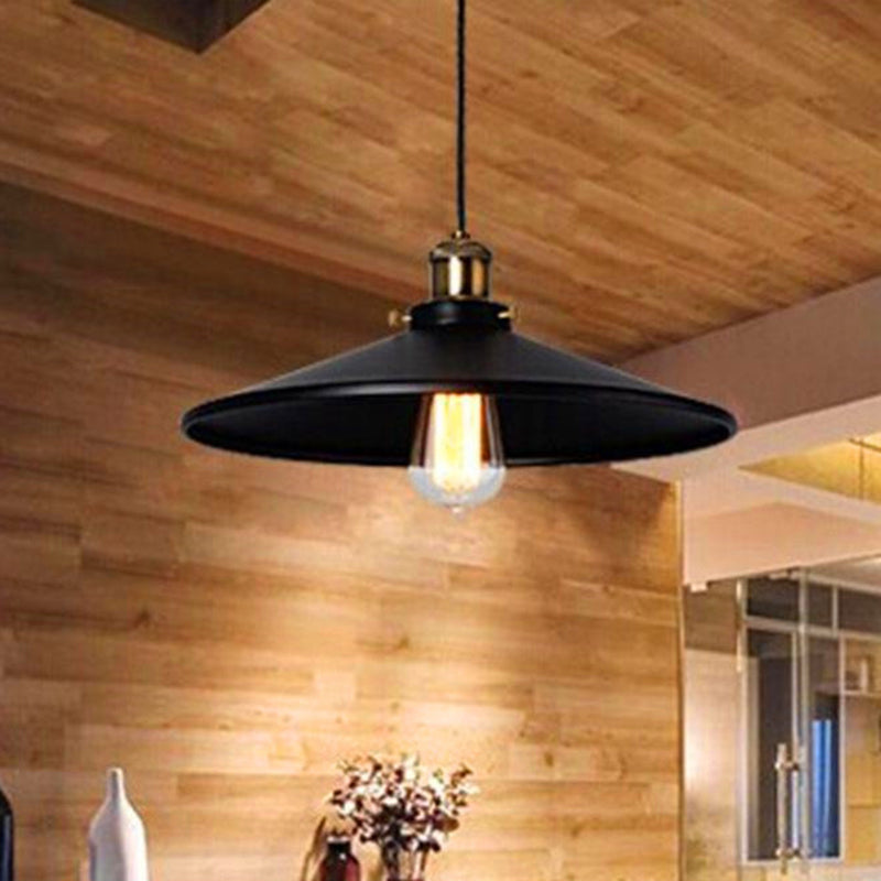 Black Flared Shade Hanging Light Simplicity Metallic 1 Bulb Restaurant Pendant Light Fixture Black 12" Clearhalo 'Art Deco Pendants' 'Black' 'Cast Iron' 'Ceiling Lights' 'Ceramic' 'Crystal' 'Industrial' 'Metal' 'Pendant Lights' 'Rustic Pendants' 'Tiffany' Lighting' 2204467