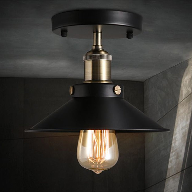 Black Flared Shade Semi Flush Light Industrial 1 Bulb Corridor Ceiling Flush Mount Black Clearhalo 'Ceiling Lights' 'Close To Ceiling Lights' 'Lighting' 2204609_4c37c254-a937-47c0-bed5-66a63dd2c217