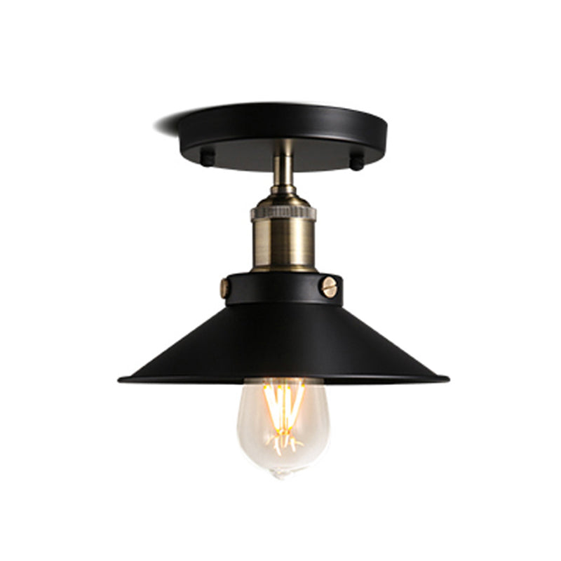 Black Flared Shade Semi Flush Light Industrial 1 Bulb Corridor Ceiling Flush Mount Clearhalo 'Ceiling Lights' 'Close To Ceiling Lights' 'Lighting' 2204612