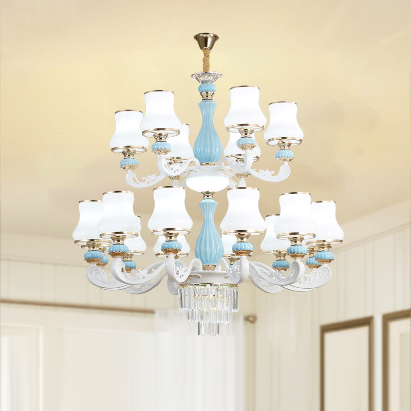 Bud Shade Bedroom Chandelier Lighting Classic Cream Glass Blue Pendant Light with Tiered Crystal Accent Clearhalo 'Ceiling Lights' 'Chandeliers' Lighting' options 2204703