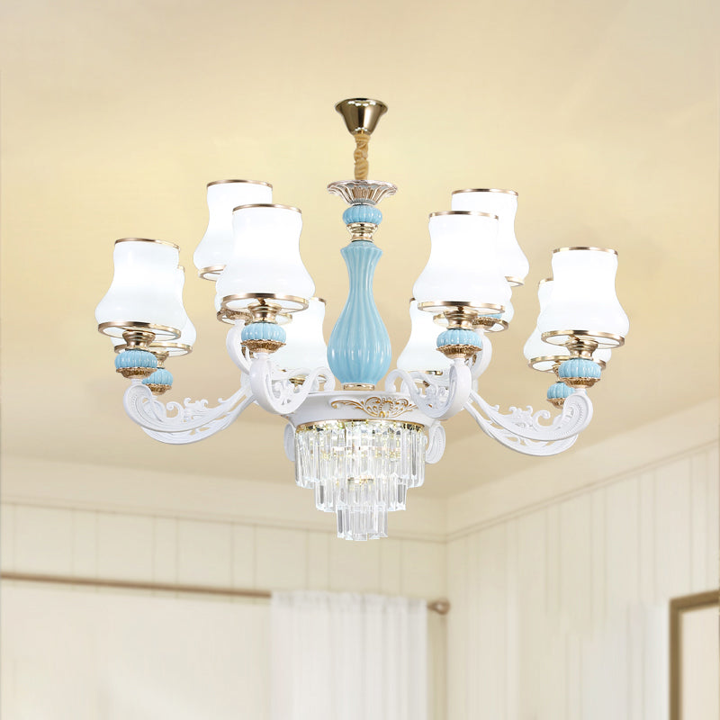 Bud Shade Bedroom Chandelier Lighting Classic Cream Glass Blue Pendant Light with Tiered Crystal Accent Clearhalo 'Ceiling Lights' 'Chandeliers' Lighting' options 2204707