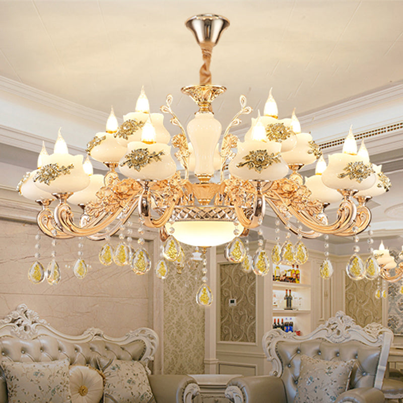 Imitation Jade Gold Chandelier Pendant Light Bud Vintage Hanging Light with Crystal Accent Clearhalo 'Ceiling Lights' 'Chandeliers' Lighting' options 2204768