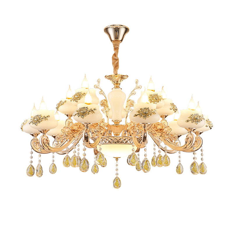 Imitation Jade Gold Chandelier Pendant Light Bud Vintage Hanging Light with Crystal Accent Clearhalo 'Ceiling Lights' 'Chandeliers' Lighting' options 2204769