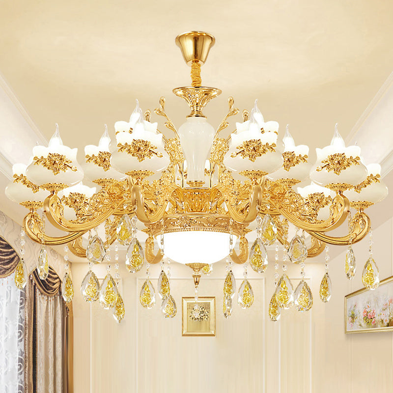 Imitation Jade Gold Chandelier Pendant Light Bud Vintage Hanging Light with Crystal Accent Clearhalo 'Ceiling Lights' 'Chandeliers' Lighting' options 2204770