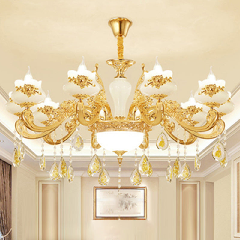 Imitation Jade Gold Chandelier Pendant Light Bud Vintage Hanging Light with Crystal Accent Gold Clearhalo 'Ceiling Lights' 'Chandeliers' Lighting' options 2204771_a16346da-6a66-479c-8483-318c50659f5d