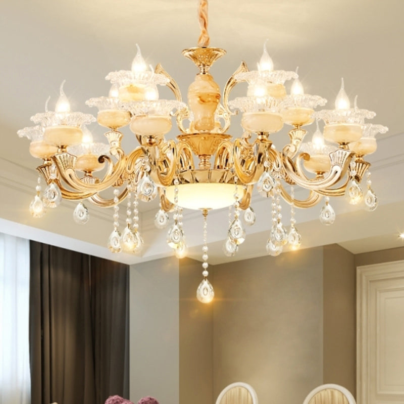 Gold Floral Shade Chandelier Light Retro Glass Living Room Pendant Light Fixture with Hanging Crystal Clearhalo 'Ceiling Lights' 'Chandeliers' Lighting' options 2204777