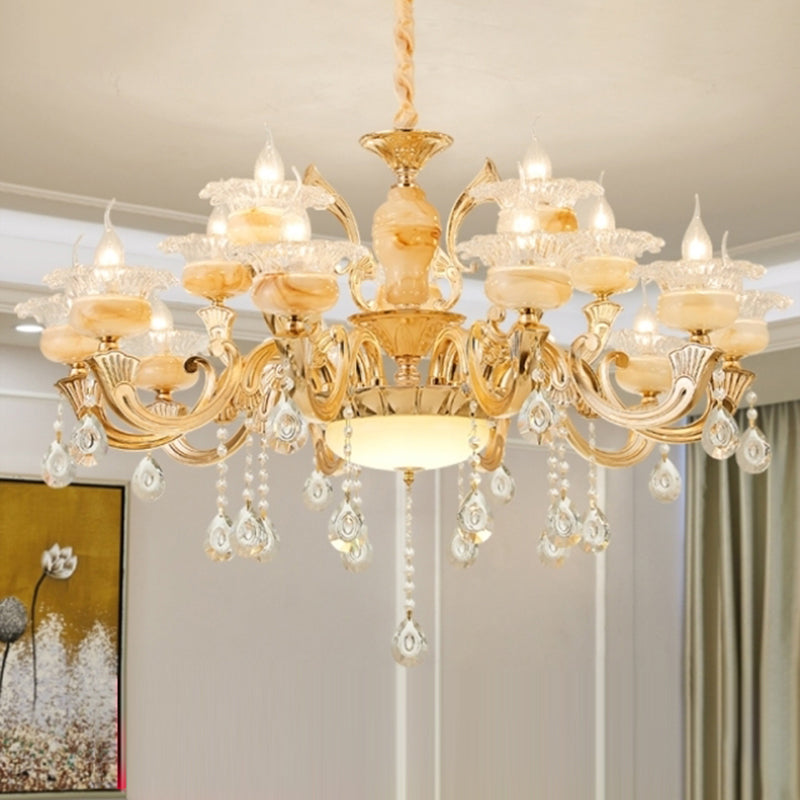 Gold Floral Shade Chandelier Light Retro Glass Living Room Pendant Light Fixture with Hanging Crystal Clearhalo 'Ceiling Lights' 'Chandeliers' Lighting' options 2204778