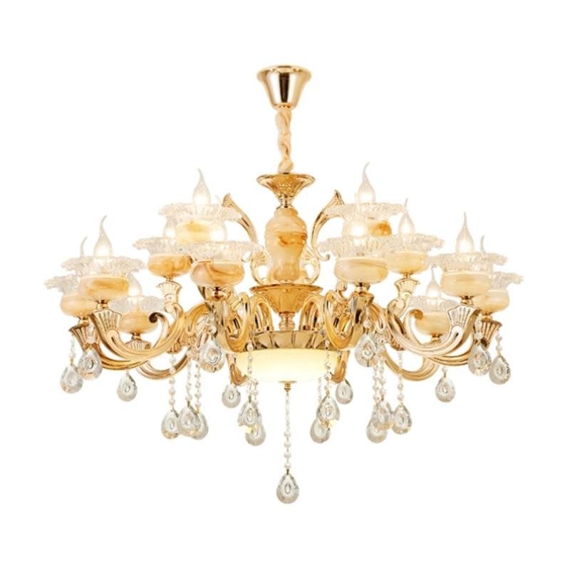 Gold Floral Shade Chandelier Light Retro Glass Living Room Pendant Light Fixture with Hanging Crystal Clearhalo 'Ceiling Lights' 'Chandeliers' Lighting' options 2204779