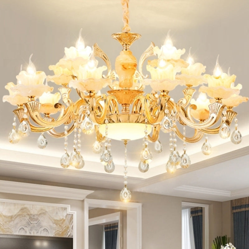 Gold Floral Shade Chandelier Light Retro Glass Living Room Pendant Light Fixture with Hanging Crystal Clearhalo 'Ceiling Lights' 'Chandeliers' Lighting' options 2204780