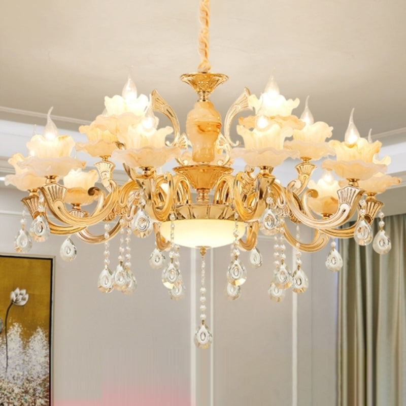 Gold Floral Shade Chandelier Light Retro Glass Living Room Pendant Light Fixture with Hanging Crystal Clearhalo 'Ceiling Lights' 'Chandeliers' Lighting' options 2204781