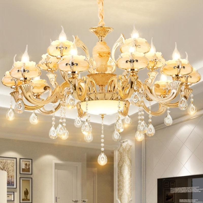 Gold Floral Shade Chandelier Light Retro Glass Living Room Pendant Light Fixture with Hanging Crystal Clearhalo 'Ceiling Lights' 'Chandeliers' Lighting' options 2204782