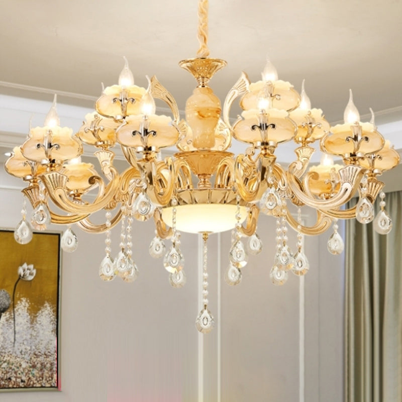 Gold Floral Shade Chandelier Light Retro Glass Living Room Pendant Light Fixture with Hanging Crystal Clearhalo 'Ceiling Lights' 'Chandeliers' Lighting' options 2204783