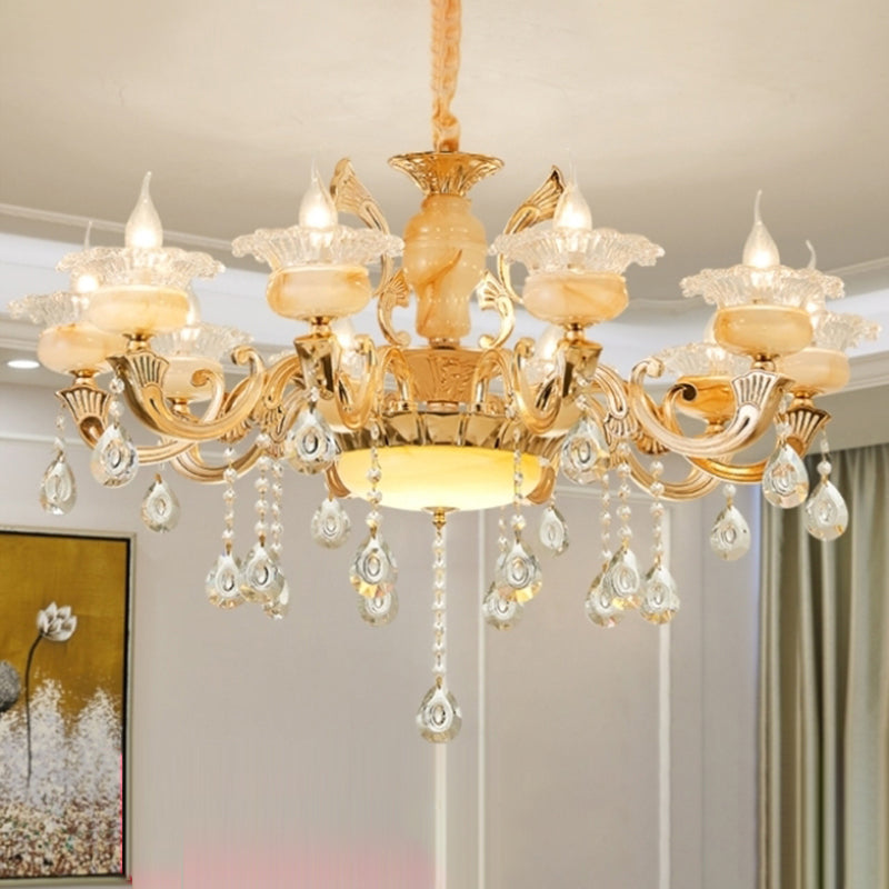 Gold Floral Shade Chandelier Light Retro Glass Living Room Pendant Light Fixture with Hanging Crystal Clearhalo 'Ceiling Lights' 'Chandeliers' Lighting' options 2204784