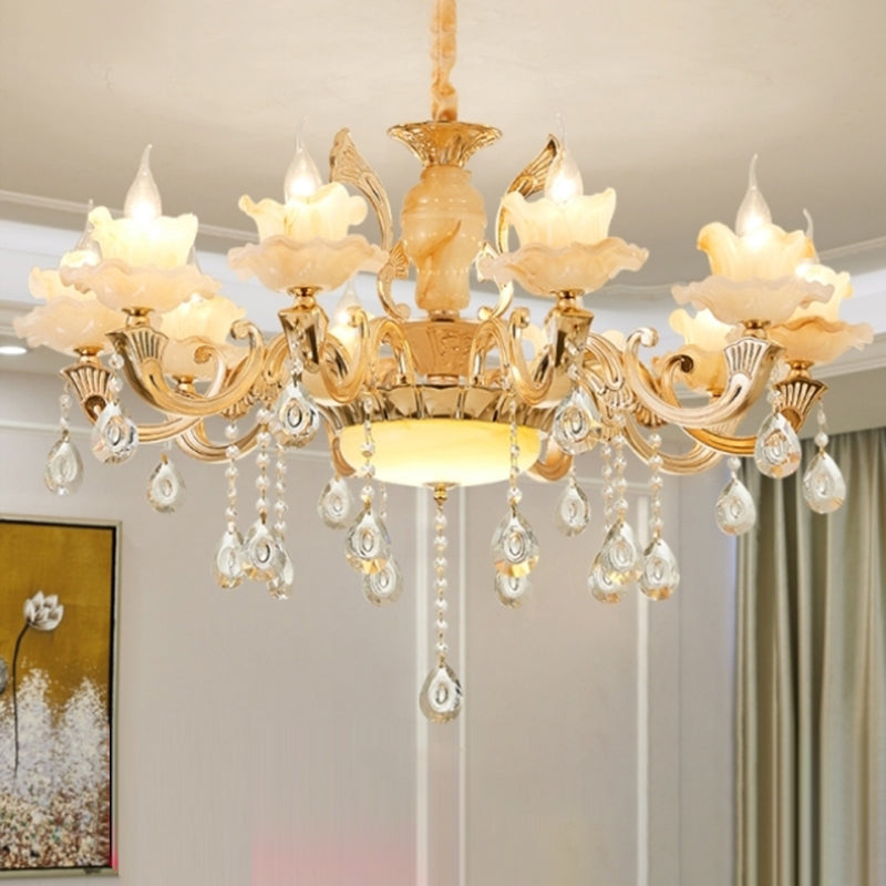 Gold Floral Shade Chandelier Light Retro Glass Living Room Pendant Light Fixture with Hanging Crystal Clearhalo 'Ceiling Lights' 'Chandeliers' Lighting' options 2204785