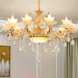 Gold Floral Shade Chandelier Light Retro Glass Living Room Pendant Light Fixture with Hanging Crystal Clearhalo 'Ceiling Lights' 'Chandeliers' Lighting' options 2204785